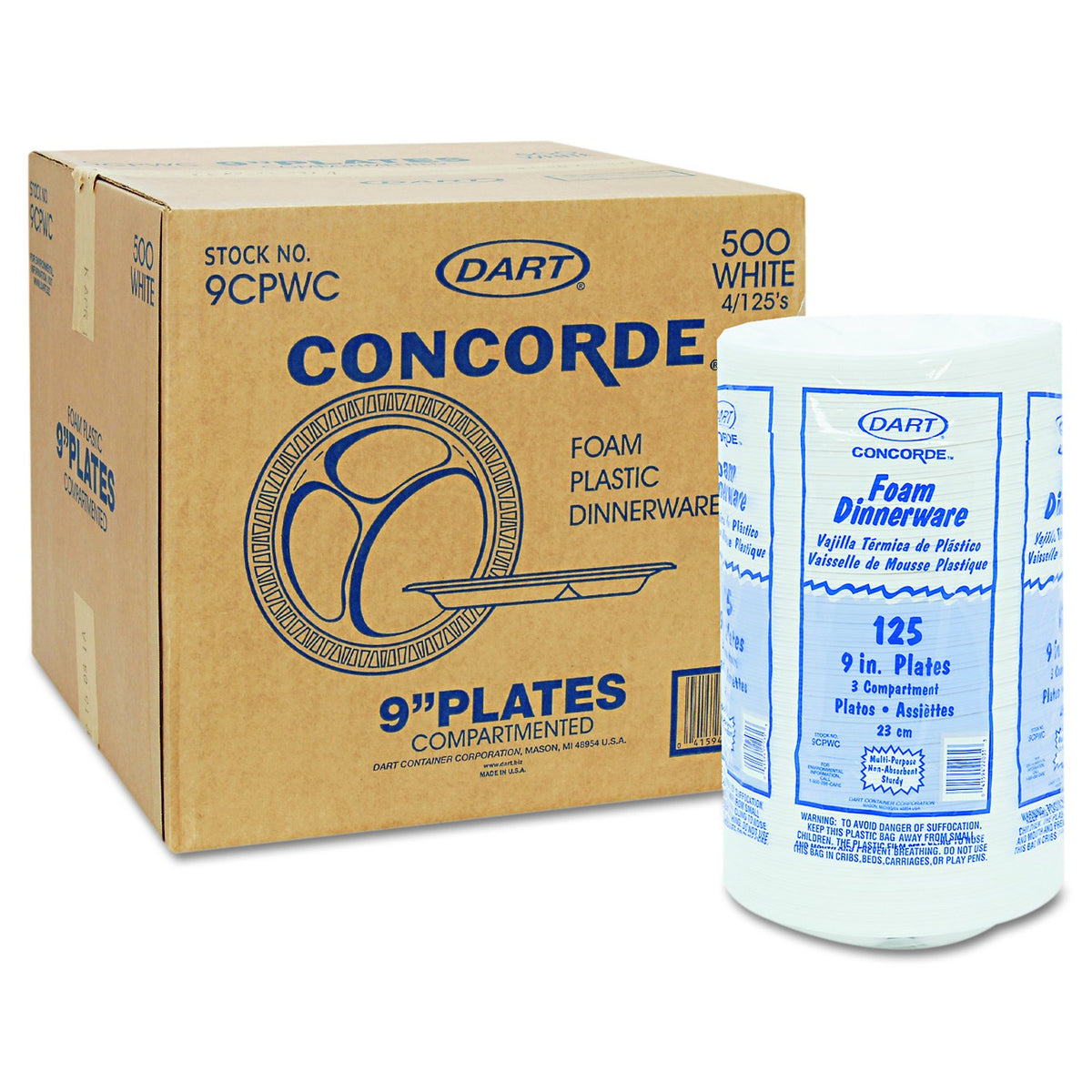 Dart 9CPWCR Concorde Foam Plate – 3-Comp, 9" Dia, White, Pack of 125 (Case of 4)