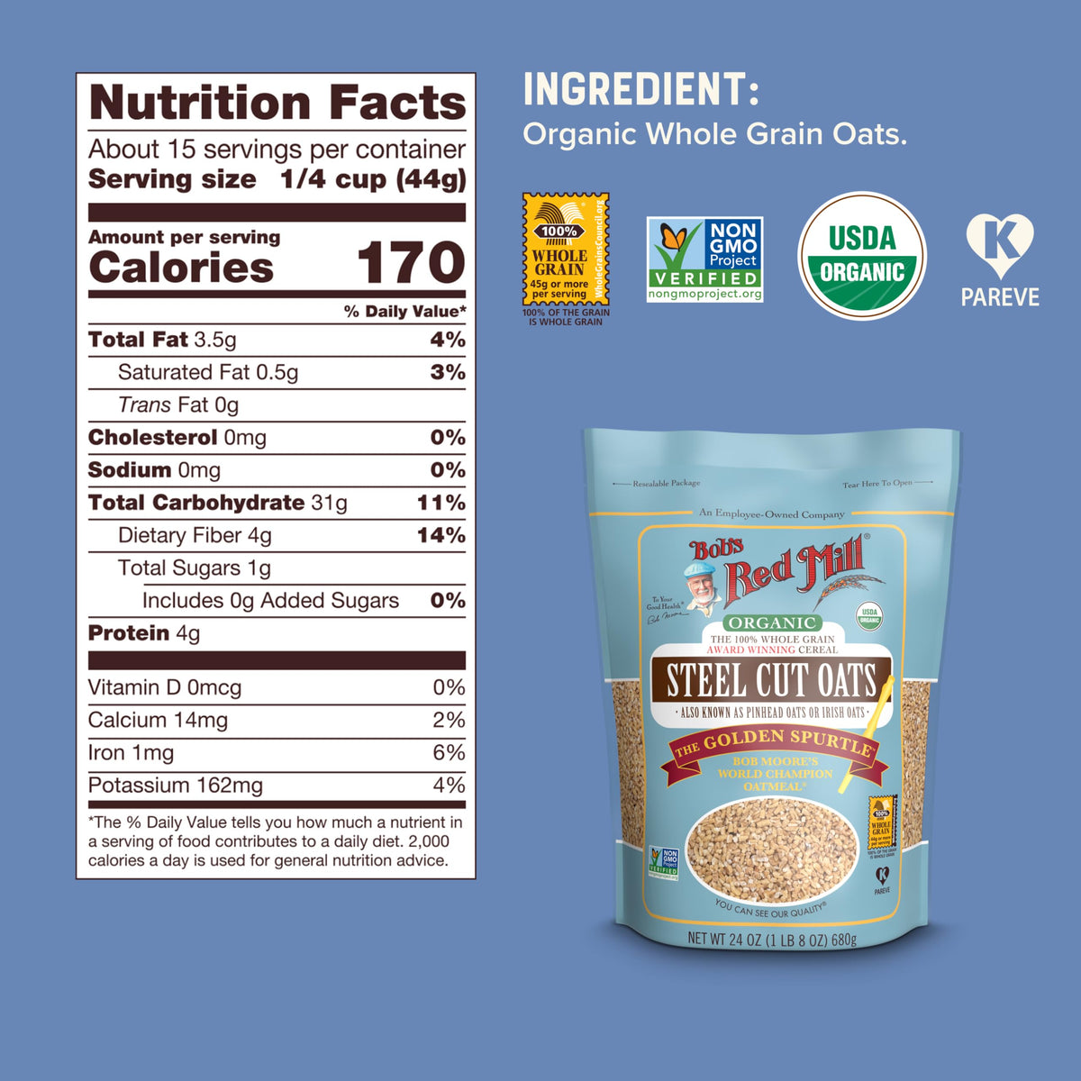Organic Steel Cut Oats by Bob's Red Mill – 24 Ounce (Pack of 1), Model 0003997803957