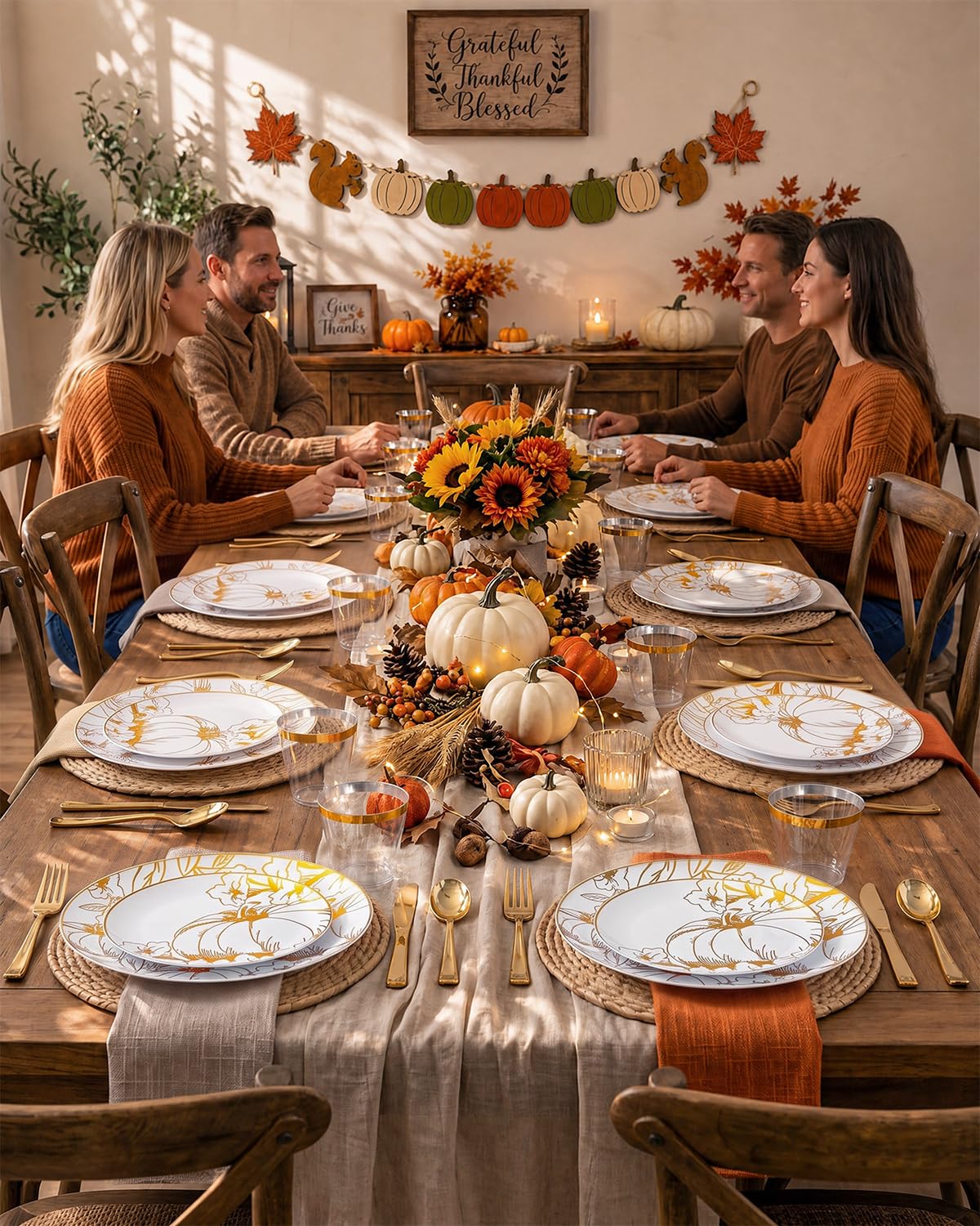 PULOTE Thanksgiving Plastic Dinnerware Set, 150 Pieces, Flower Gold