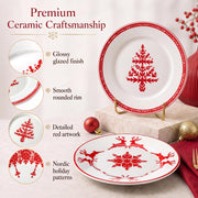 Rtteri Ceramic Salad Plates, 9 Inch, Red Nordic Christmas Set of 4