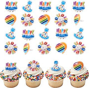 DecoPac Happy Birthday Rings, 24 Cupcake Toppers Featuring Multi-Colored Balloons, Party Hats, Streamers, Bright Colors - 24 Pack
