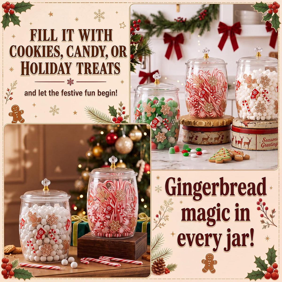 Yetene Gingerbread Man Cookie Jar, 1.06 Gallon Clear Storage Container, Red Green Brown