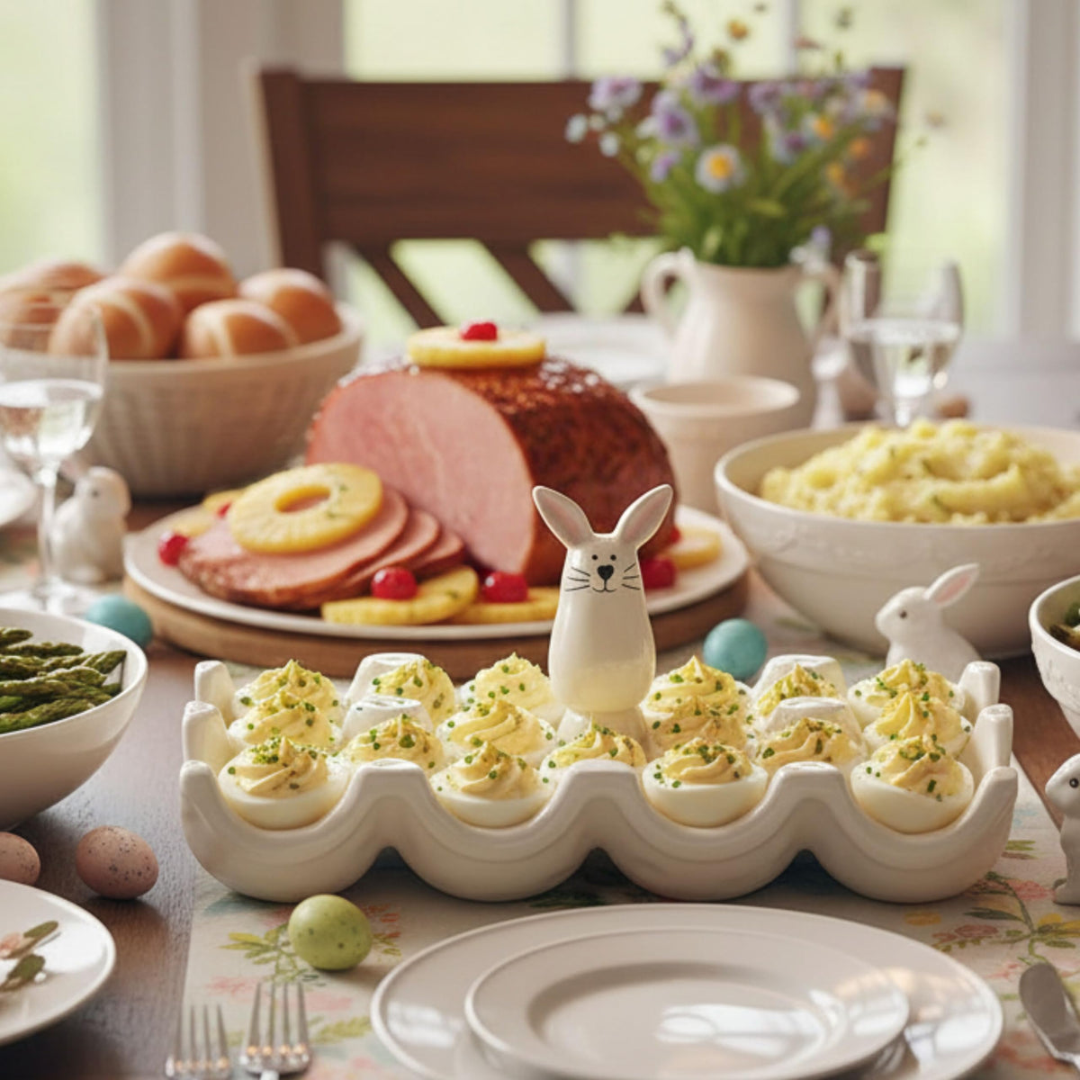 Bunny Egg Crate Serving Platter by 10 Strawberry Street – 8-section, Dolomite, White, Model EGGCRT-ORG-BUN