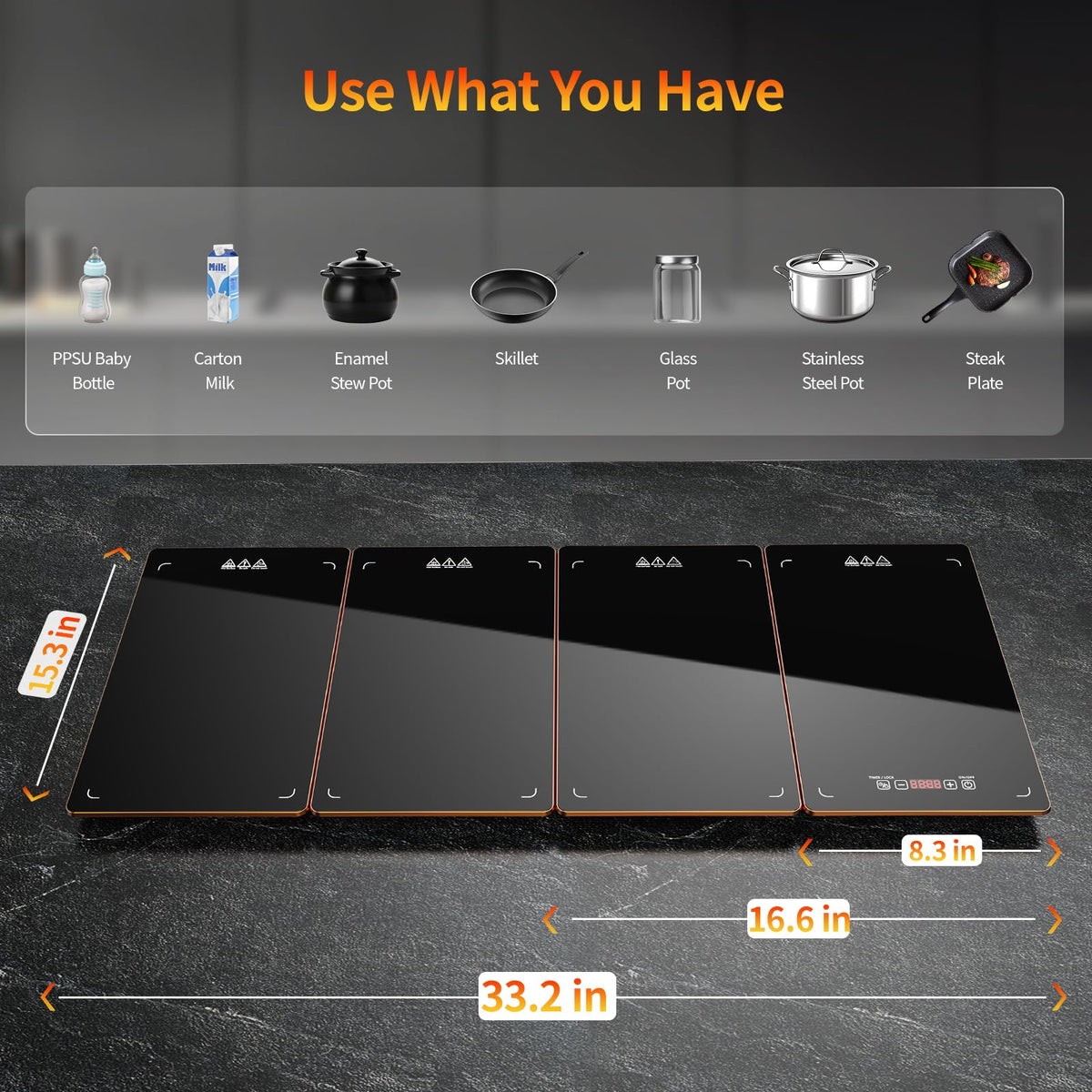 Hetorosu Modular Warming Tray, 33x15 Inch, Black Tempered Glass