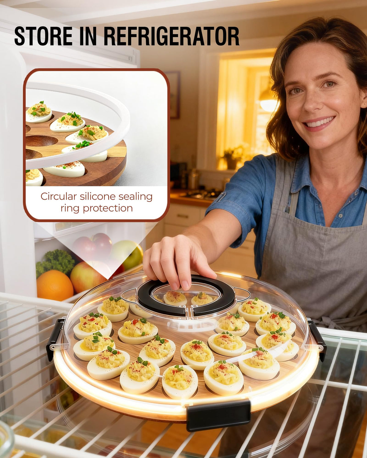 Renmxj Deviled Egg Tray with Lid, Acacia Wood Base, 24 Slots, Black