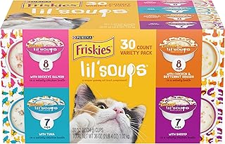 Purina Friskies Grain Free Wet Cat Food Complement Variety Pack, Lil' Soups Salmon, Tuna, Chicken & Shrimp - (30) 1.2 oz. Cups