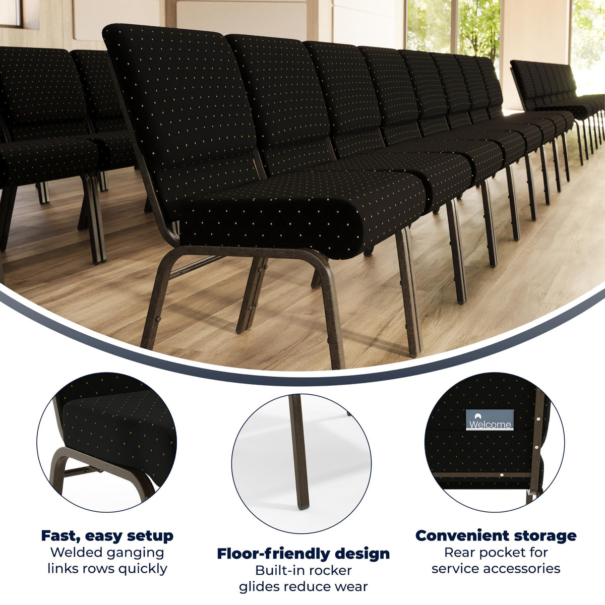 HERCULES Series 21''W Stacking Church Chair in Black Dot Patterned Fabric - Gold Vein Frame by Flash Furniture – Set of 1, Fabric, Foam, Steel, Model FD-CH0221-4-GV-S0806-GG