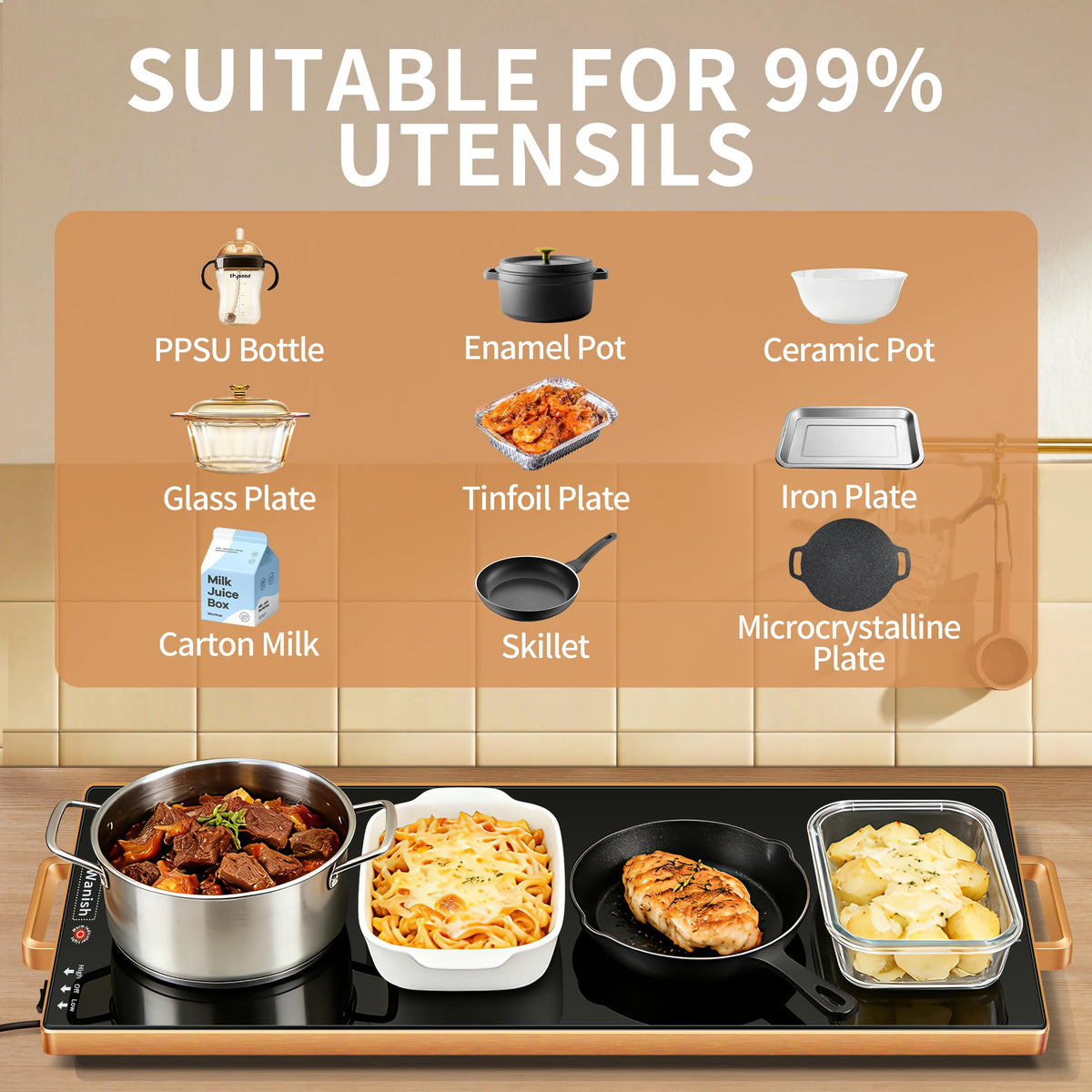 Wanish Electric Warming Tray, Tempered Glass Surface, 32 x 12 Inch, Black