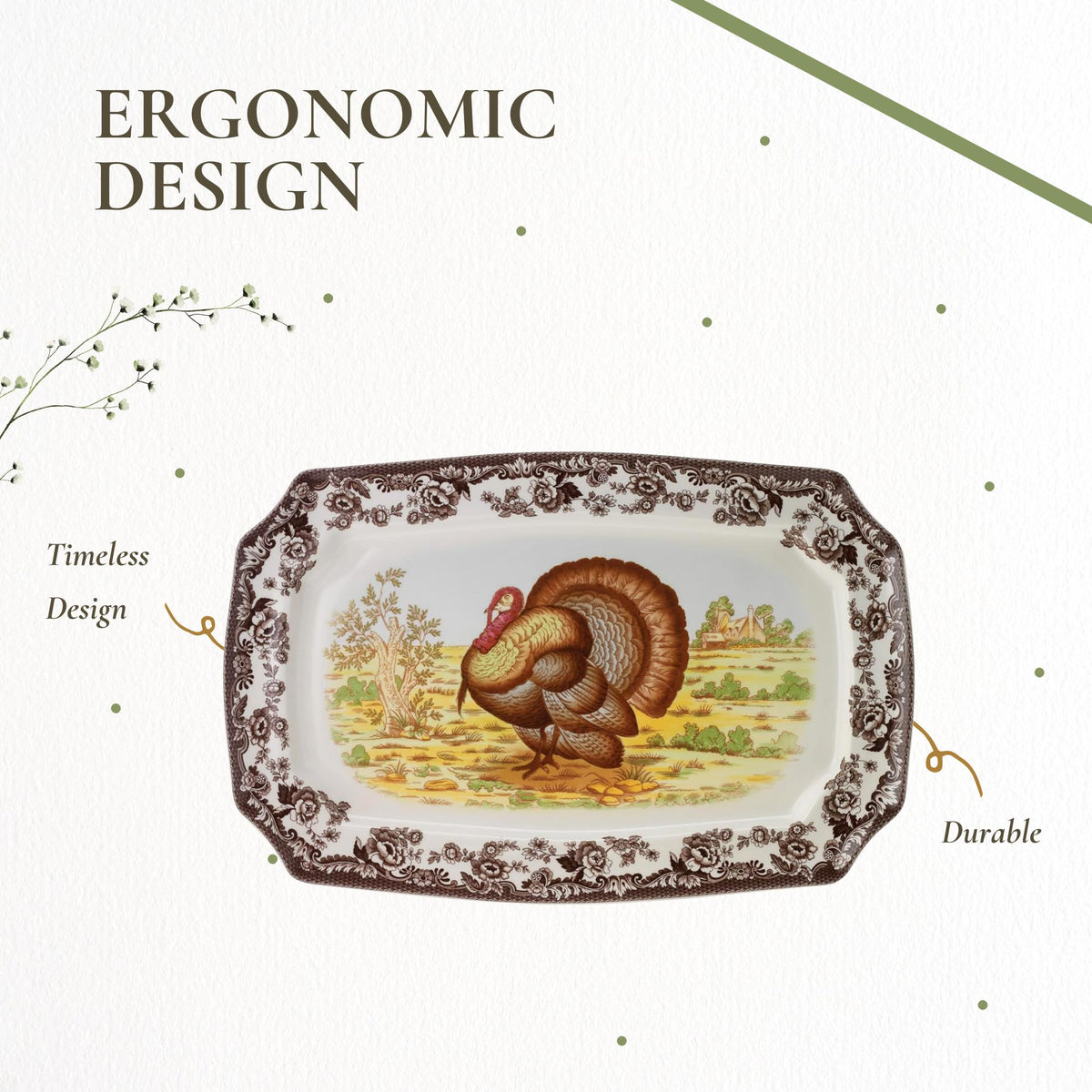 Spode Woodland Turkey Platter, Rectangular Porcelain, 17.5 Inch Brown White