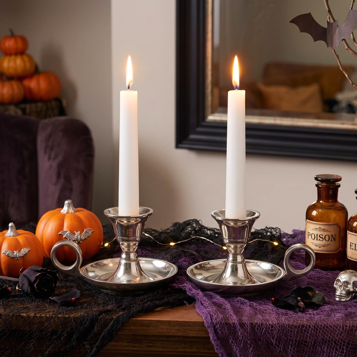Rely+ Candle Holders with Handle, Taper Candlestick Set of 2, Glossy Silver
