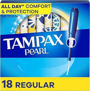 Tampax Pearl Plastic Unscented Tampons, Regular Absorbency, Blue, 18 Count