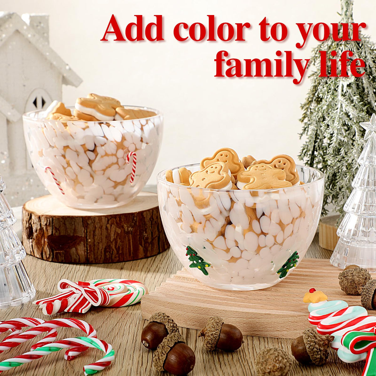 FoldTier Glass Candy Bowls, 14 Ounces, Set of 2, Christmas Tree and Candy Cane
