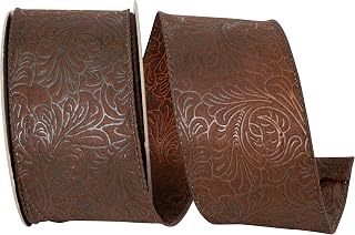 Reliant Ribbon Leaf Scroll Embossed Wired Edge, Brown, 2-1/2 Inch, 10 Yards