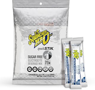 Sqwincher Zero Qwik Stik, Sugar Free, Coconut, .11 oz (Pack of 50) | Dye-free zero sugar electrolyte mix; fast-dissolving single-serve sticks; just add to 20oz water bottle for quick hydration