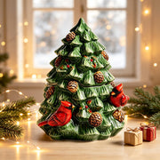 Forlong Ceramic Cookie Jar, Christmas Tree with Cardinal Bird, 8.2 x 7.3 x 9.8 Inches
