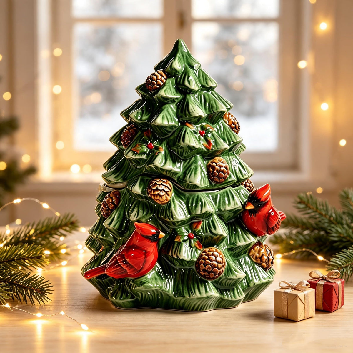 Forlong Ceramic Cookie Jar, Christmas Tree with Cardinal Bird, 8.2 x 7.3 x 9.8 Inches