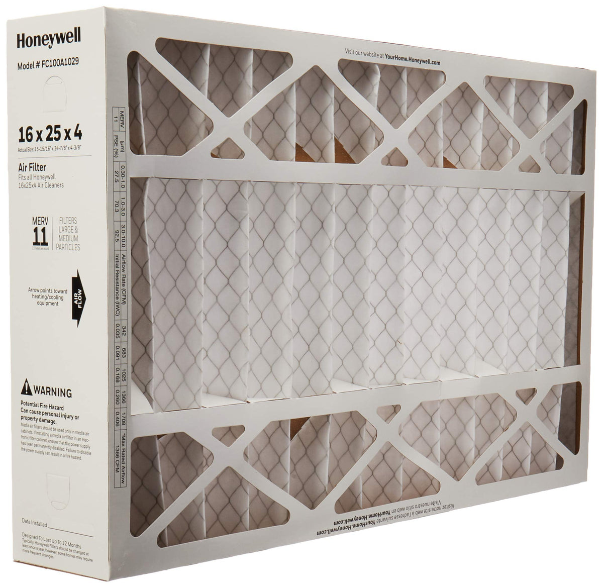 Air Filter - 16x25x4 - 2-Pack by Honeywell – 4" x 16" x 25", Carbon Fiber, Model FC100A1029