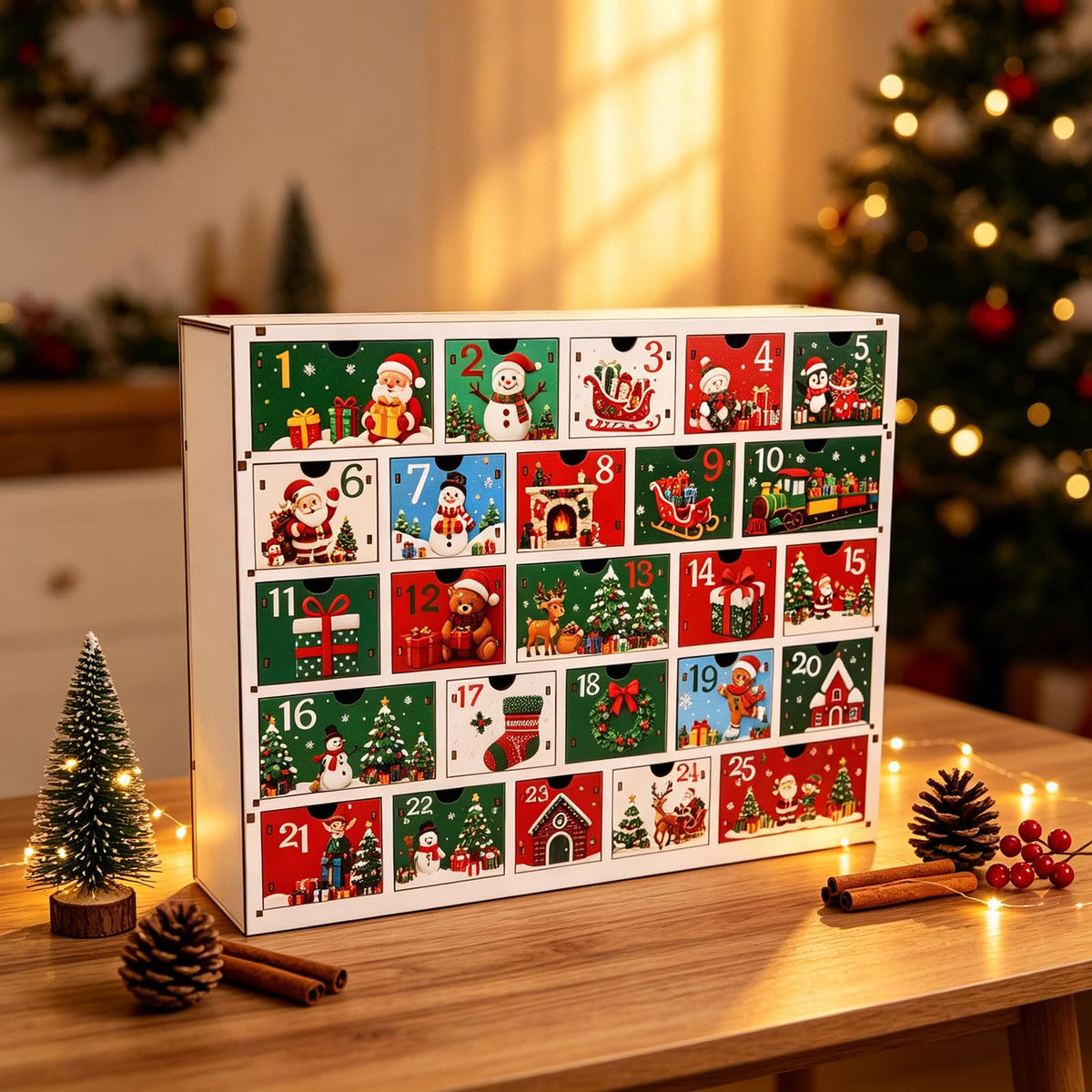 CCINEE Wooden Advent Calendar, 25 Drawers, Multicolor Cartoon Holiday Design