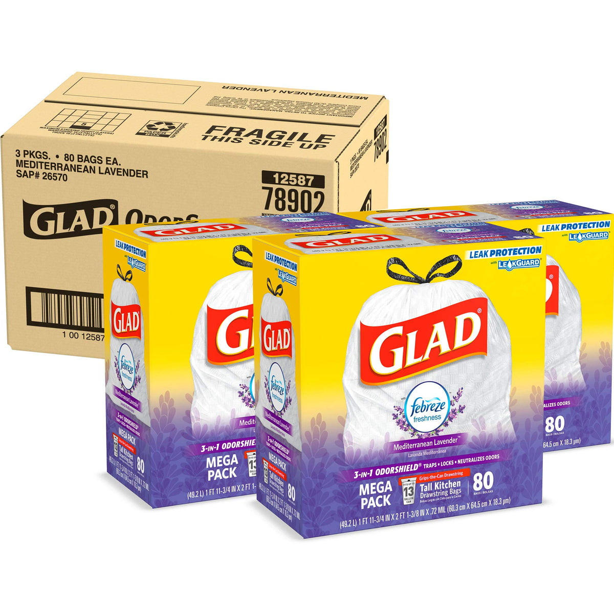 OdorShield Tall Kitchen Drawstring Trash Bags by Glad – 13 gallons, Plastic, White, Pack of 240, Model 78902CT
