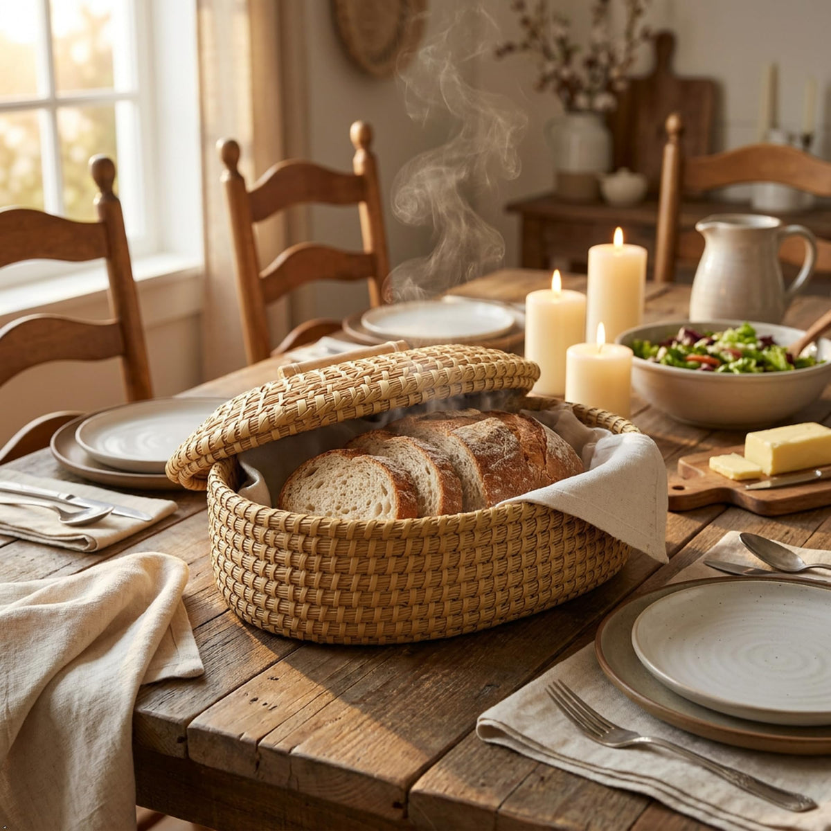 USEHP Bread Basket with Terracotta Warming Stone, 12.5 x 9 x 7 Inches, Beige