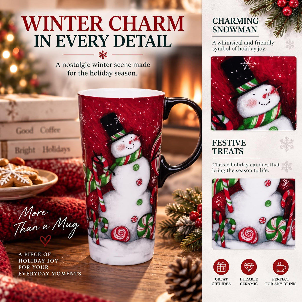 Topadorn Ceramic Coffee Mug with Lid, 17 Ounces, Candy Cane Snowman