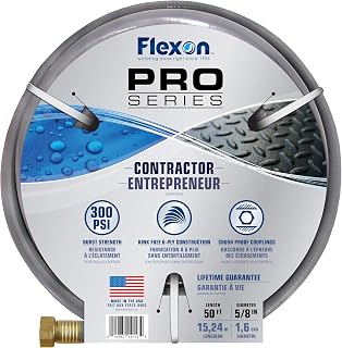 Flexon 5/8" x 50-Foot Contractor Grade Garden Hose – Heavy-Duty, Kink-Resistant, High Burst Strength, Scuff-Resistant Outer Jacket, Crush-Proof Brass Fittings, Ideal for Landscaping and Job Sites
