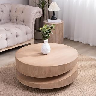 31" Contemporary Coffee Table, Round Coffee Table with Two Tier Silhouette, Mesa De Centro para Sala with Wooden Texture for Modern Interior Lounge, Antique Natural,Natural,Rustic