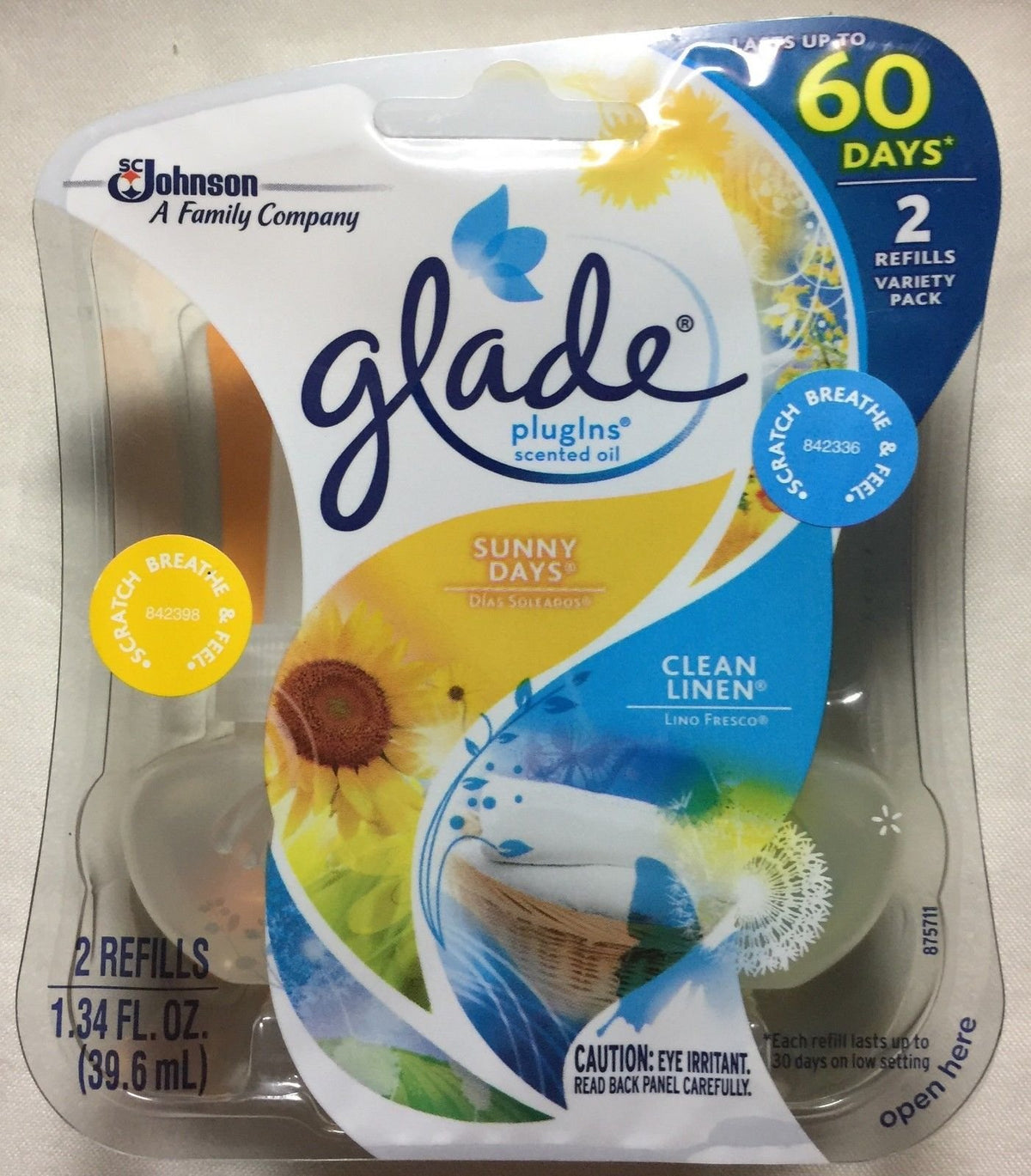 4 PLUGINS SCENTED OIL REFILLS 2 CLEAN LINEN / 2 SUNNY DAYS SEALED PACKS by Glade – Blue, Pack of 4, Model 70500