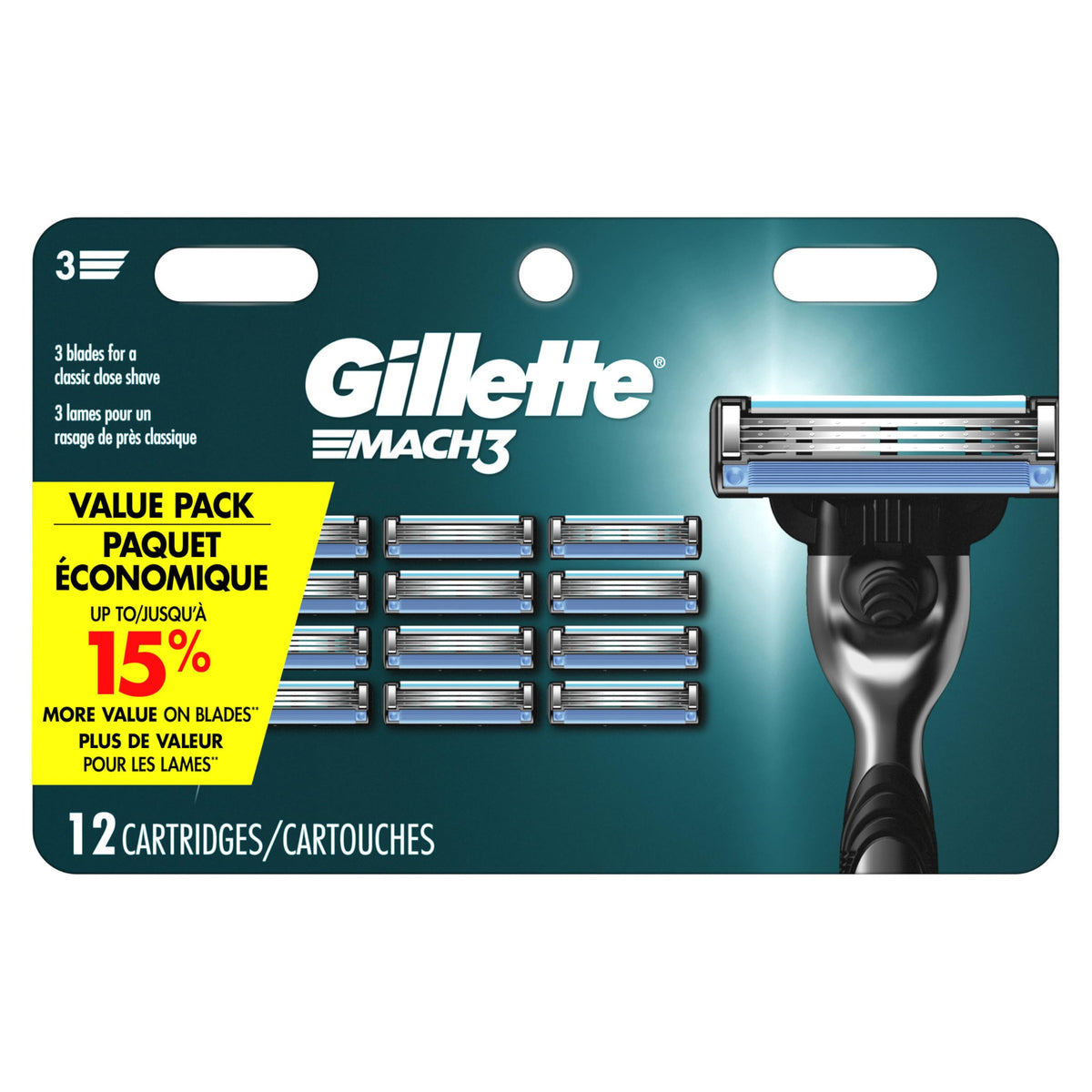 Mach 3 Razor Refils 12 pack by Gillette – 1 Count (Pack of 12), Silver, Pack of 12, Model 91993560