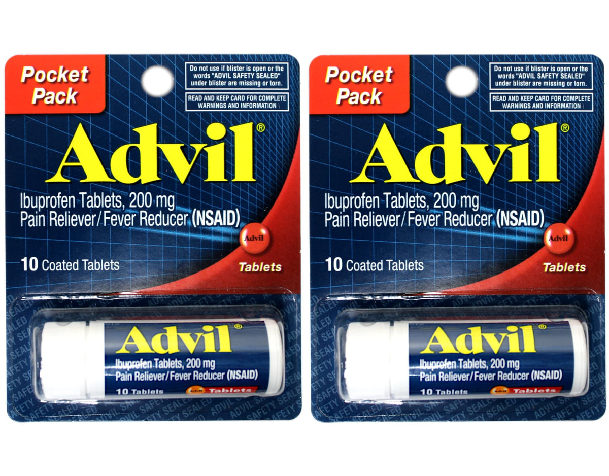 2 Pack of Pocket Pack Pain Reliever / Fever Reducer Ibuprofen 200mg - 10 Coated Tablets PER Pack (20 Tablets Total) by Advil – 10 Count (Pack of 2), Model sample_sku_34527