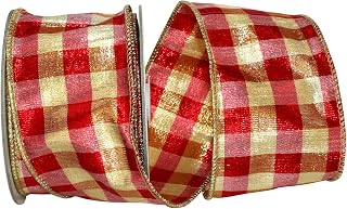 Reliant Ribbon Lame Gingham Check Dupioni Metallic Wired Edge Ribbon, 2-1/2 Inch X 10 Yards, Red/gold