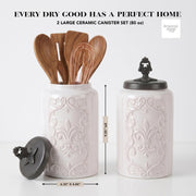Floral Ceramic Kitchen Canister Set w/Clamp Lid White 2 PC by American Atelier – 2 Large, 300.0 milliliters, Stainless Steel, Antique White, Pack of 2