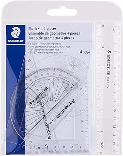 STAEDTLER Math Set - 4 pc Geometry Kit for Students - School Supplies with Clear Protractor, 6in Ruler & 2 Triangles – Metric & Imperial Scales