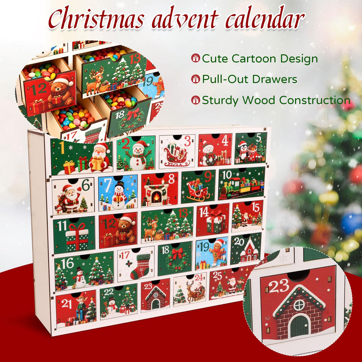 CCINEE Wooden Advent Calendar, 25 Drawers, Multicolor Cartoon Holiday Design