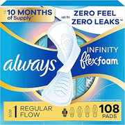 Always Infinity Feminine Pads for Women, Flexfoam Pads with Wings, Size 1, Regular Absorbency, Unscented, 108 Count (3 Packs of 36)