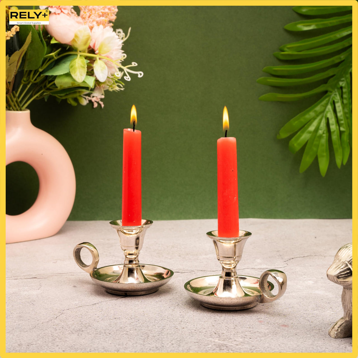 Rely+ Candle Holders with Handle, Taper Candlestick Set of 2, Glossy Silver