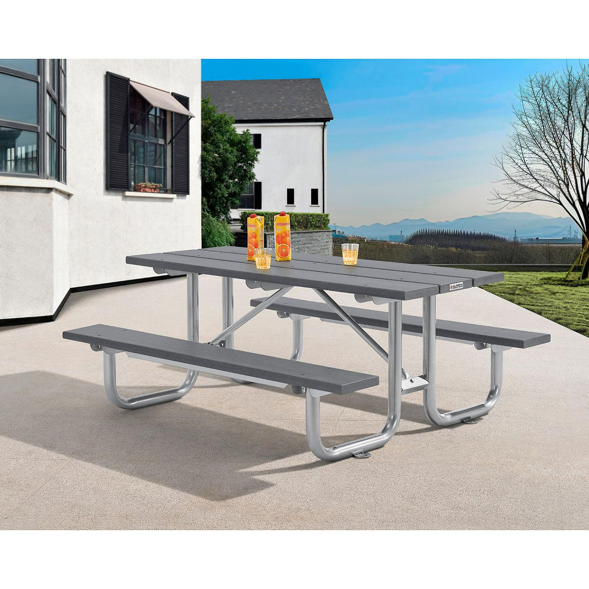 6' Rectangular Outdoor Picnic Table by Global Industrial – 74.25 inches x 30.25 inches x 18.7 inches, Recycled Plastic & Steel, Grey, Model 271670GY
