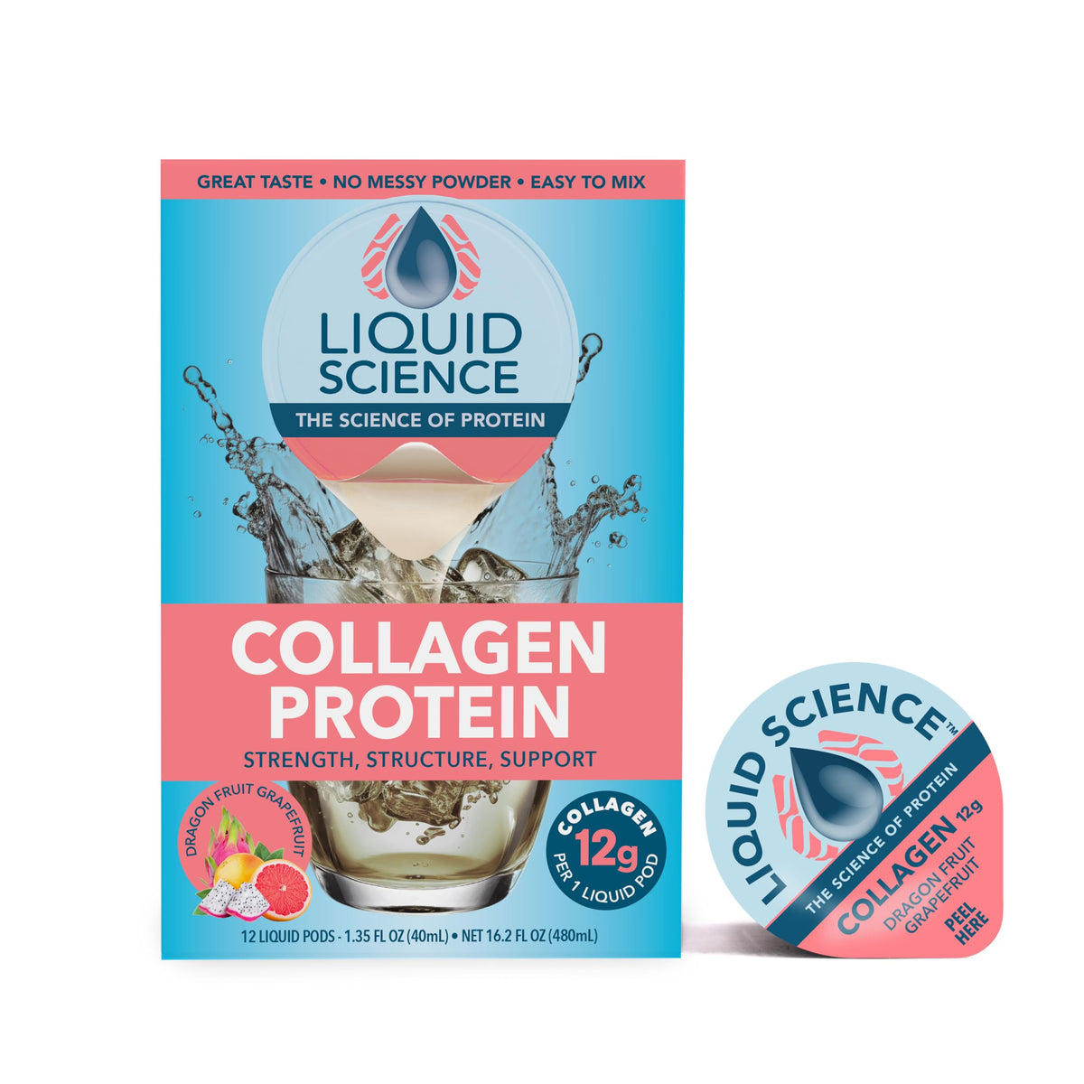 Liquid Science Dragon Fruit Grapefruit Collagen Protein Drink Mix Pods by Java House – 12 Count (Pack of 1), Light Blue