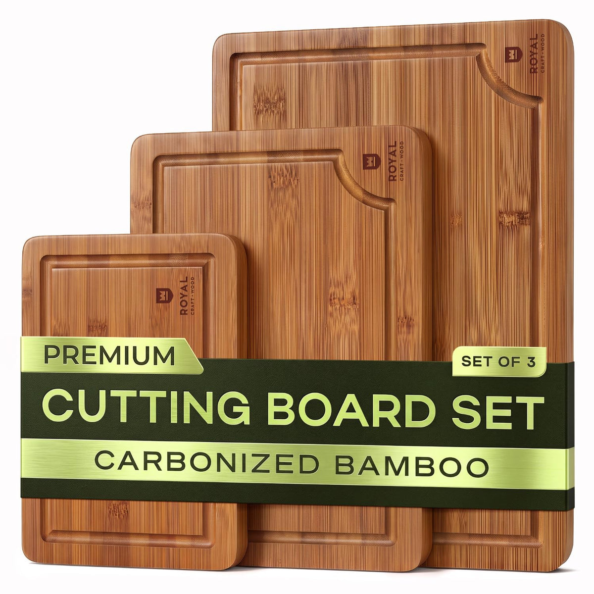 Royal Craft Wood Bamboo Cutting Board Set, 3 Piece with Juice Groove, Brown