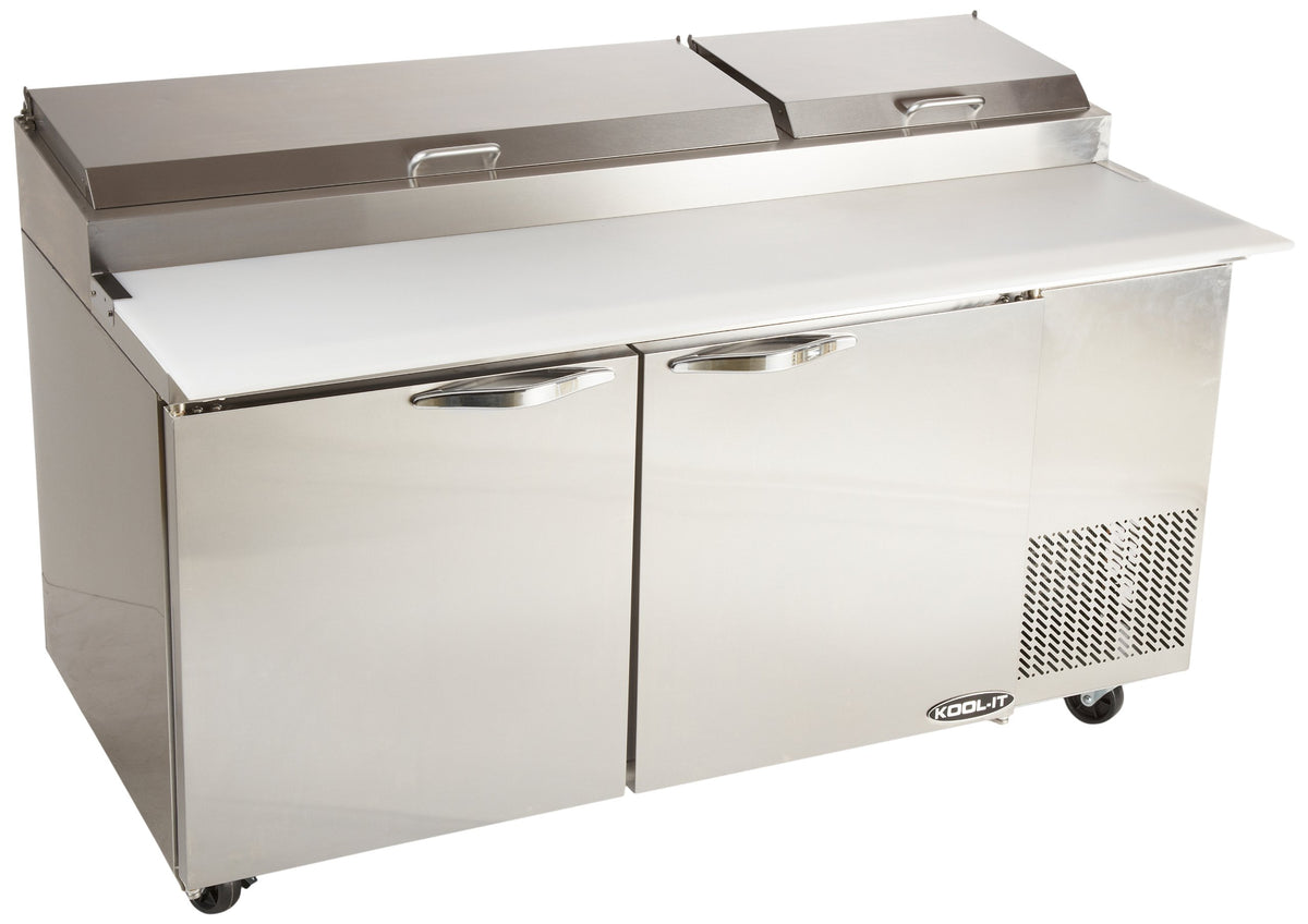 Kool-It Stainless Steel Pizza Table with 5" Swivel Castors and 2 Front Brakes by MVP Group – Stainless Steel, Model KPT-67-2