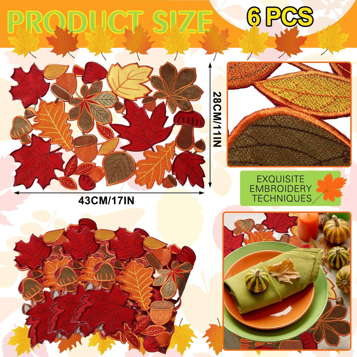 Tudomro Embroidered Fall Placemats, 11 x 17 Inch, Set of 6