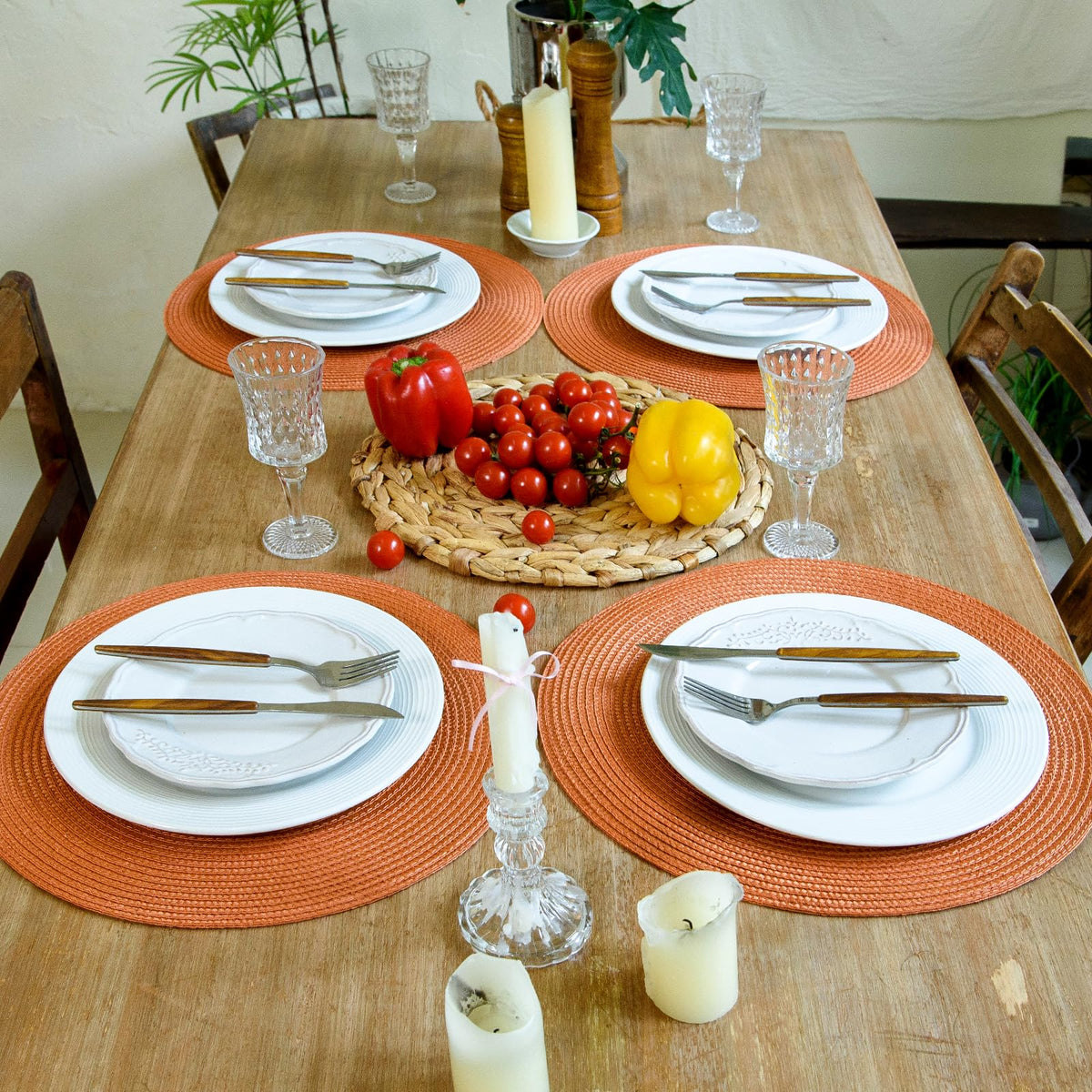 FunWheat Round Braided Placemats, 15 Inch Diameter, Set of 6, Pumpkin Orange