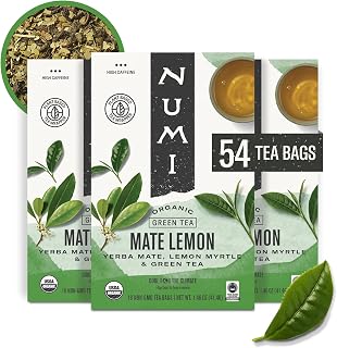 Numi Organic Maté Lemon Tea, 54 Green Tea Bags, High Caffeine | Yerba Mate With Green Tea & Lemon Myrtle, Caffeinated