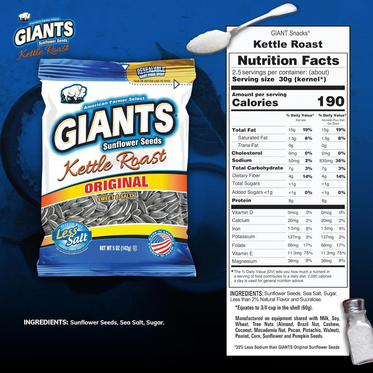 GIANTS Kettle Roast Sweet & Salty Sunflower Seeds - Sunflower Seeds Bulk by GIANTS SUNFLOWER SEEDS – 5 Ounce (Pack of 12), Pack of 12, Model 24555