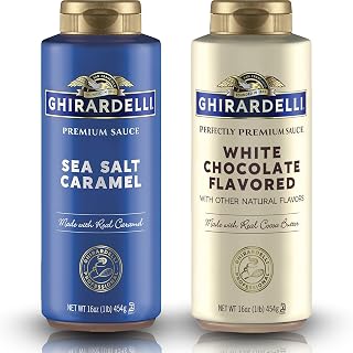 Ghirardelli Flavored Sauce Variety Pack | 16 oz Bottles (Pack of 2) | White Chocolate and Sea Salt Caramel Dessert Toppings for Coffee Drinks, Ice Cream, and Baking Recipes