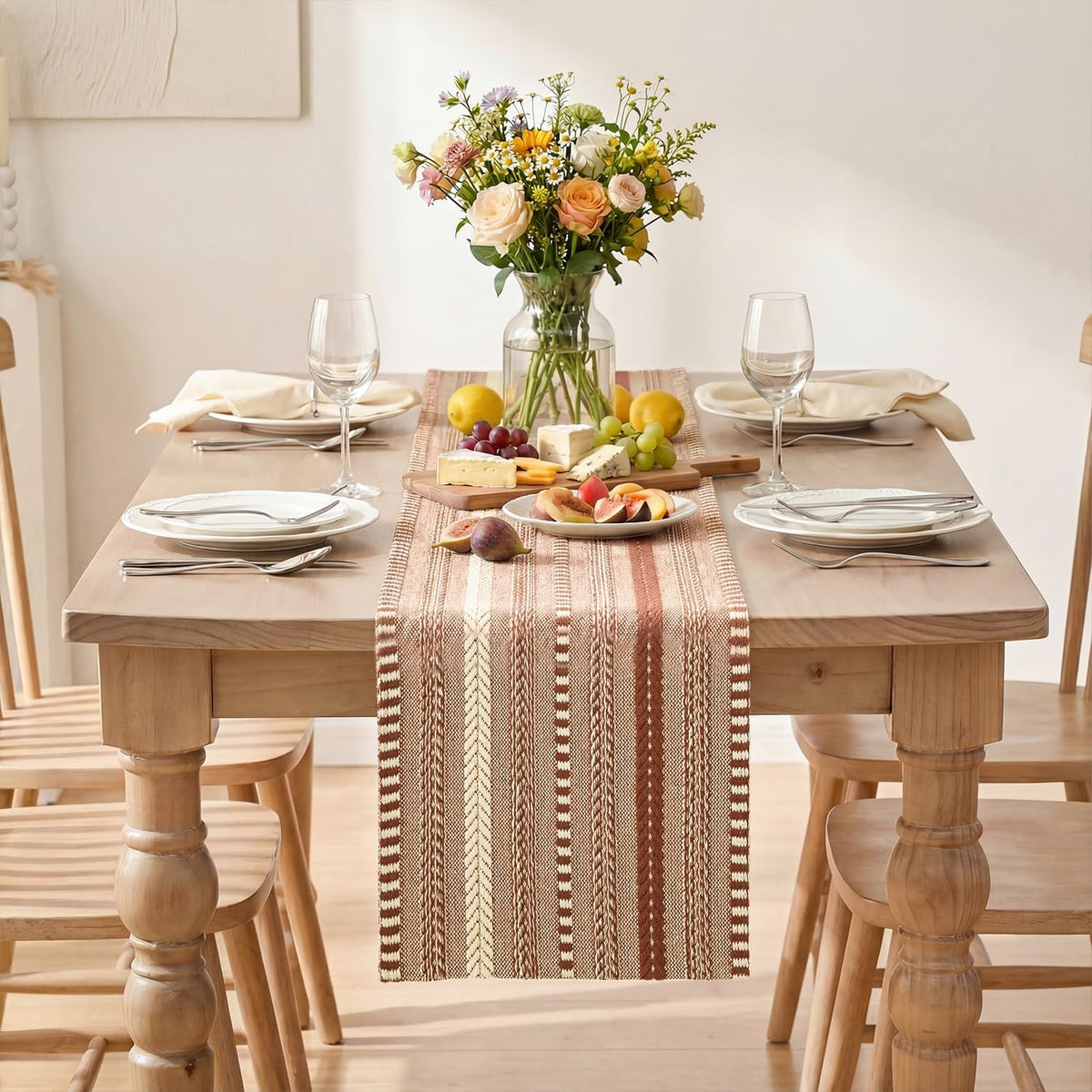 Artoid Mode Braided Table Runner, 12 x 72 Inch, Caramel Farmhouse Stripe