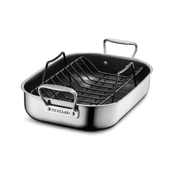 HexClad Hybrid Roasting Pan with Rack, 14 x 10 Inch Rectangular, Black