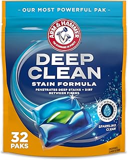Arm & Hammer Deep Clean Stain Formula Laundry Detergent Power Paks | Sparkling Clean Scent, 32 Count, 32 Loads