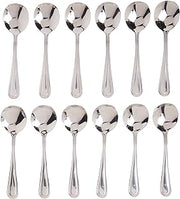 Winco 12-Piece Dots Bouillon Spoon Set, 18-0 Stainless Steel,Silver | Dishwasher safe, Dots pattern, Heavyweight, Restaurant service, Great for Soup, Broth, Noodles and Tasting Service