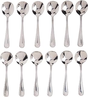 Winco 12-Piece Dots Bouillon Spoon Set, 18-0 Stainless Steel,Silver | Dishwasher safe, Dots pattern, Heavyweight, Restaurant service, Great for Soup, Broth, Noodles and Tasting Service